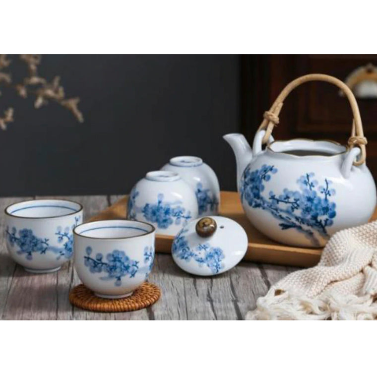 Elegant Blue Cherry Blossom Tea Set
