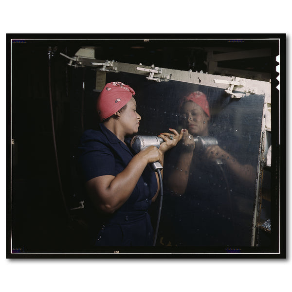 Alfred T. Palmer (1906–1993), Operating a Hand Drill at Vultee Aircraft Inc., Nashville, Tennessee, 1943. Color transparency. Prints & Photographs Division, Library of Congress.